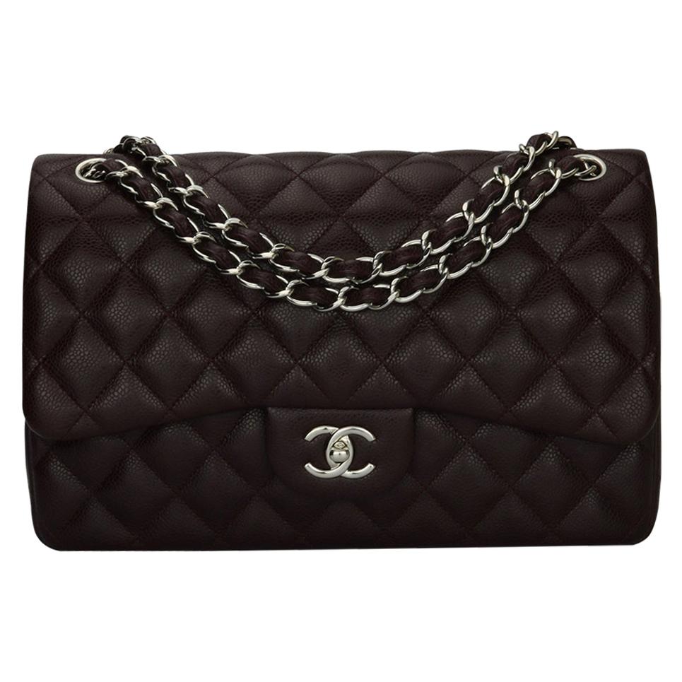 CHANEL Double Flap Jumbo Bag Dark Burgundy Caviar with Silver Hardware 2015