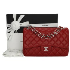 CHANEL Double Flap Jumbo Bag Red Caviar with Silver Hardware 2010