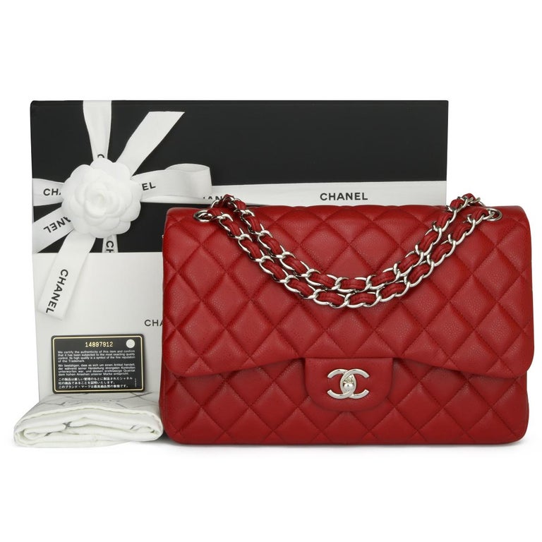 CHANEL Double Flap Jumbo Bag Red Caviar with Silver Hardware 2010 at ...