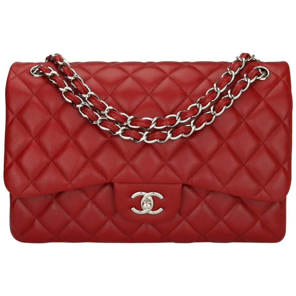 CHANEL Double Flap Jumbo Bag Red Caviar with Silver Hardware 2010