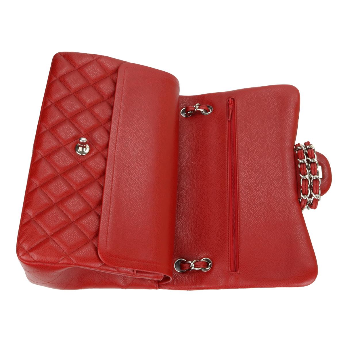 CHANEL Double Flap Jumbo Bag Red Caviar with Silver Hardware 2011 9