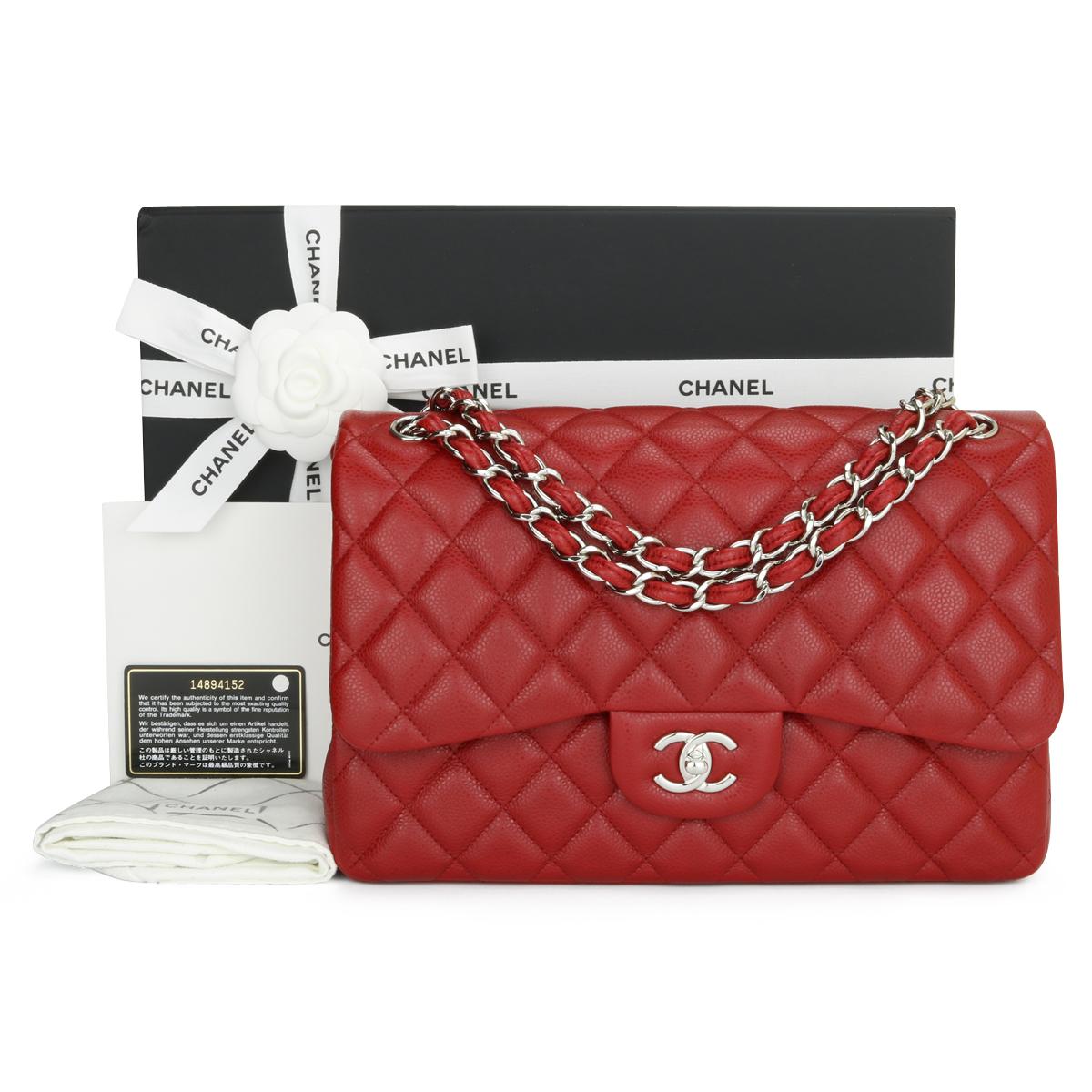 CHANEL Classic Double Flap Jumbo Bag Red Caviar with Silver Hardware 2011.

This stunning bag is in pristine condition, the bag still holds its shape well, and the hardware is still very shiny. The leather smells fresh as if new.

- Exterior