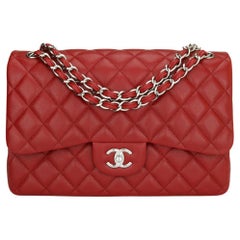 CHANEL Double Flap Jumbo Bag Red Caviar with Silver Hardware 2011