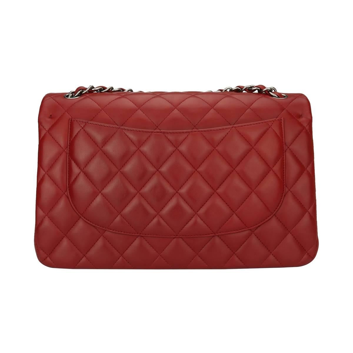CHANEL Double Flap Jumbo Bag Red Lambskin with Light Gunmetal Hardware 2014 In Excellent Condition In Huddersfield, GB