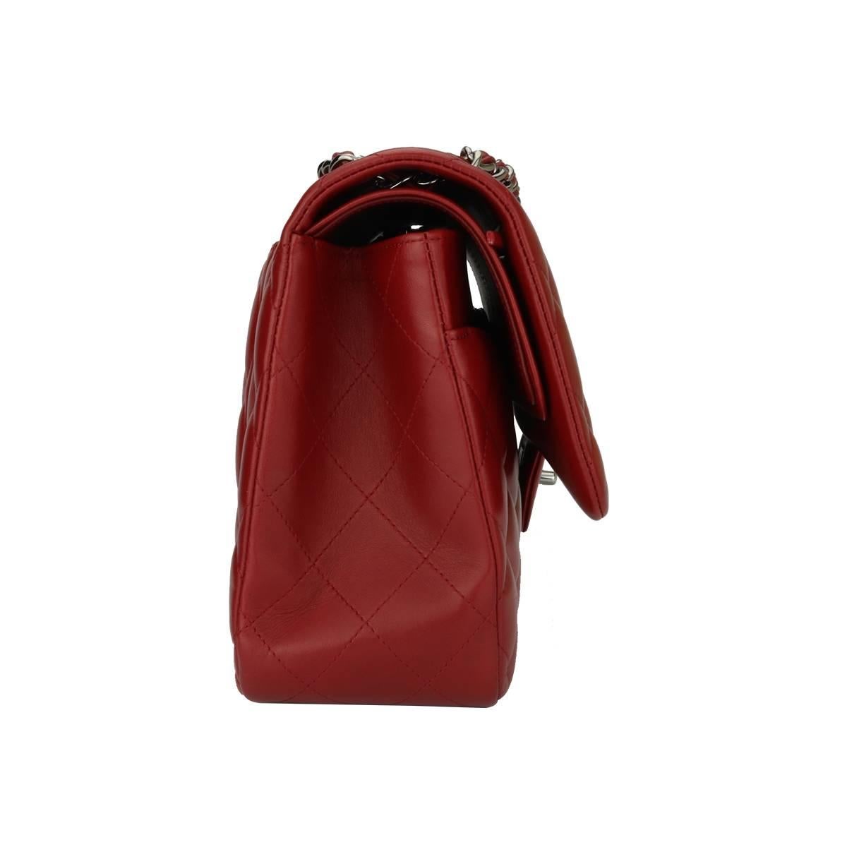 Women's or Men's CHANEL Double Flap Jumbo Bag Red Lambskin with Light Gunmetal Hardware 2014
