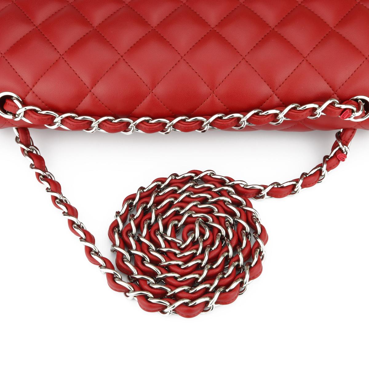 CHANEL Double Flap Jumbo Bag Red Lambskin with Silver Hardware 2013 5