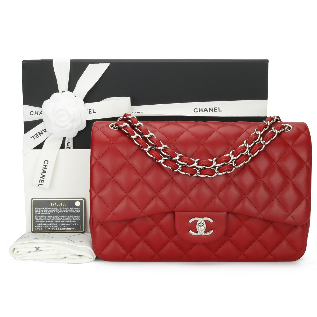CHANEL Double Flap Jumbo Bag Red Lambskin with Silver Hardware 2013 13