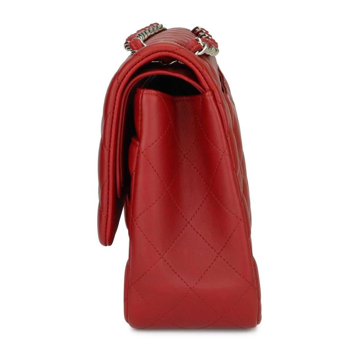 CHANEL Double Flap Jumbo Bag Red Lambskin with Silver Hardware 2013 In Excellent Condition In Huddersfield, GB