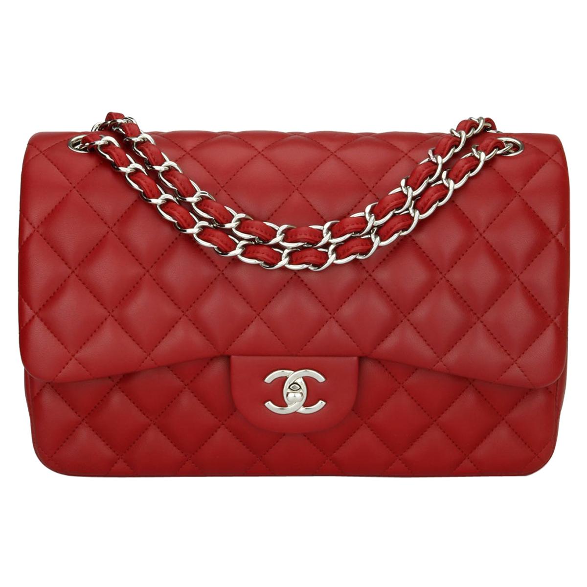 CHANEL Double Flap Jumbo Bag Red Lambskin with Silver Hardware 2013 at  1stDibs