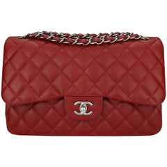 CHANEL Double Flap Jumbo Lipstick Red Lambskin with Light Gunmetal Hardware 2014