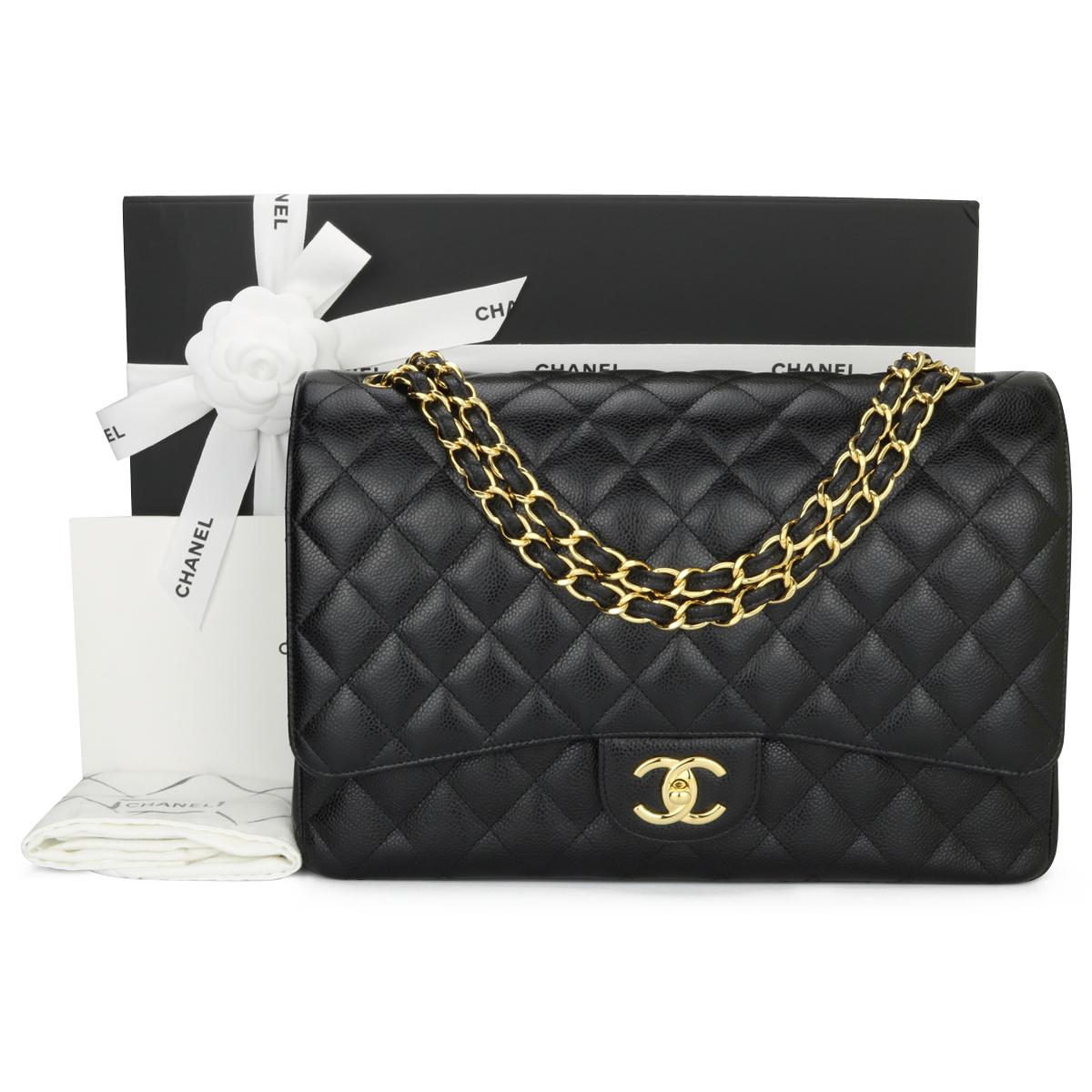 CHANEL Classic Double Flap Maxi Bag Black Caviar with Gold Hardware 2018.

This stunning bag is in excellent condition, the bag still holds its original shape, and the hardware is still very shiny.

- Exterior Condition: Excellent condition. Corners