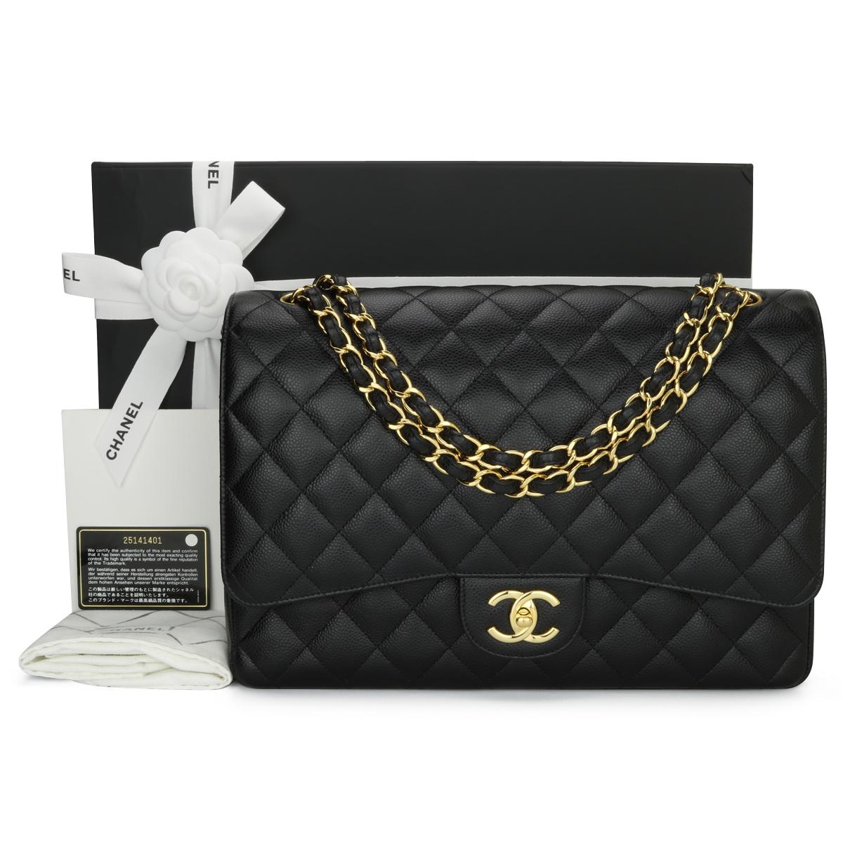 CHANEL Classic Double Flap Maxi Bag Black Caviar with Gold Hardware 2018.

This stunning bag is in excellent condition, the bag still holds its original shape, and the hardware is still very shiny.

- Exterior Condition: Mint condition. Corners show