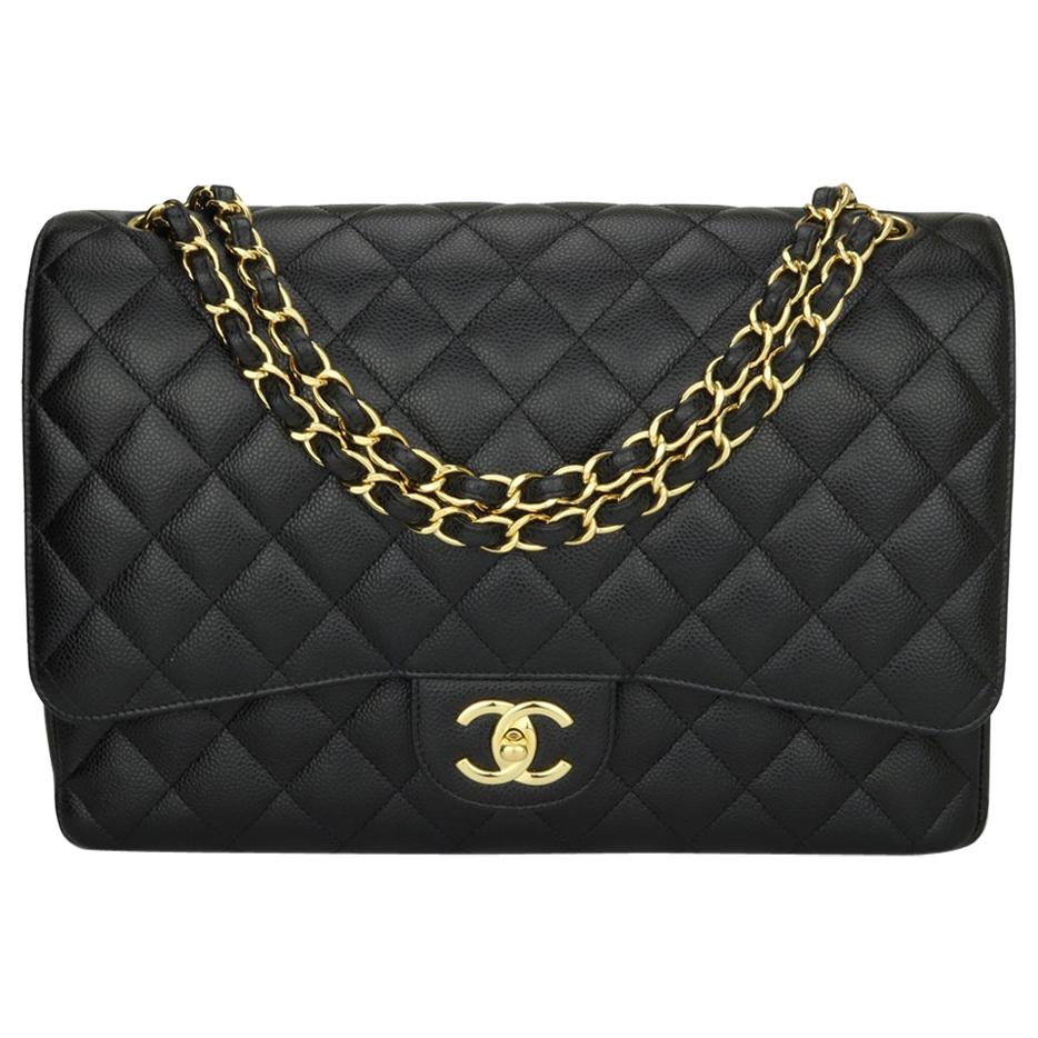 CHANEL Double Flap Maxi Bag Black Caviar with Gold Hardware 2018