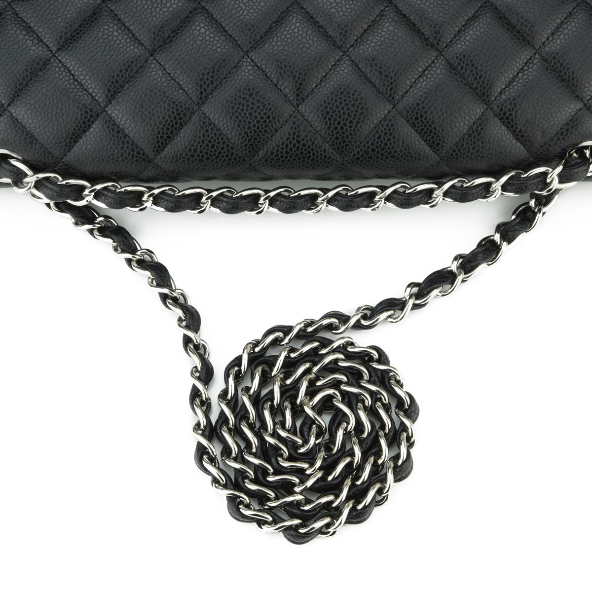 CHANEL Double Flap Maxi Bag Black Caviar with Silver Hardware 2014 For Sale 7
