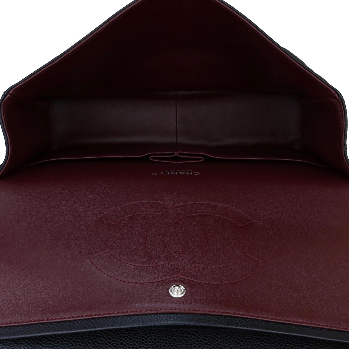 CHANEL Double Flap Maxi Bag Black Caviar with Silver Hardware 2014 en vente 12