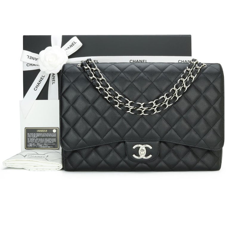 CHANEL Double Flap Maxi Bag Black Caviar with Silver Hardware 2014