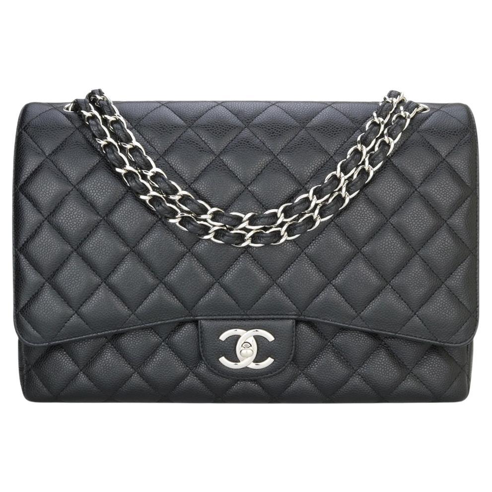 CHANEL Double Flap Maxi Bag Black Caviar with Silver Hardware 2014 For Sale