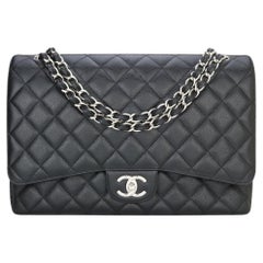 CHANEL Borsa Maxi con Doppia Patta Caviale Nero e Hardware Argento 2014