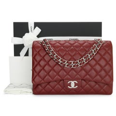 CHANEL Double Flap Maxi Bag Dark Red Burgundy Caviar with Silver Hardware 2011