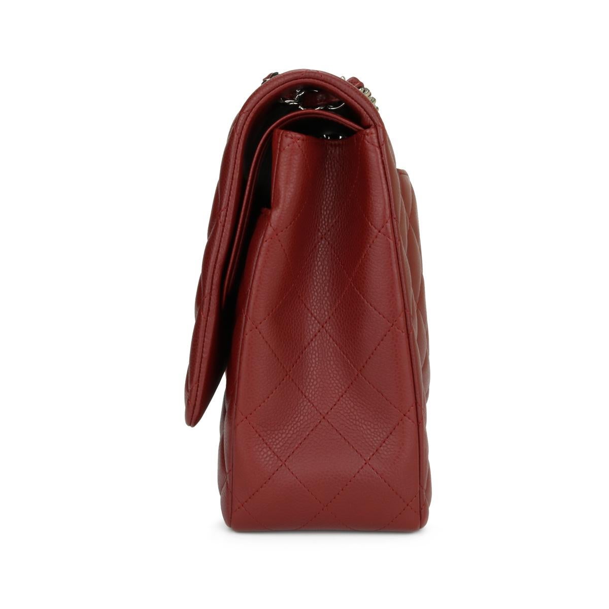 Brown CHANEL Double Flap Maxi Bag Dark Red Burgundy Caviar with Silver Hardware 2011