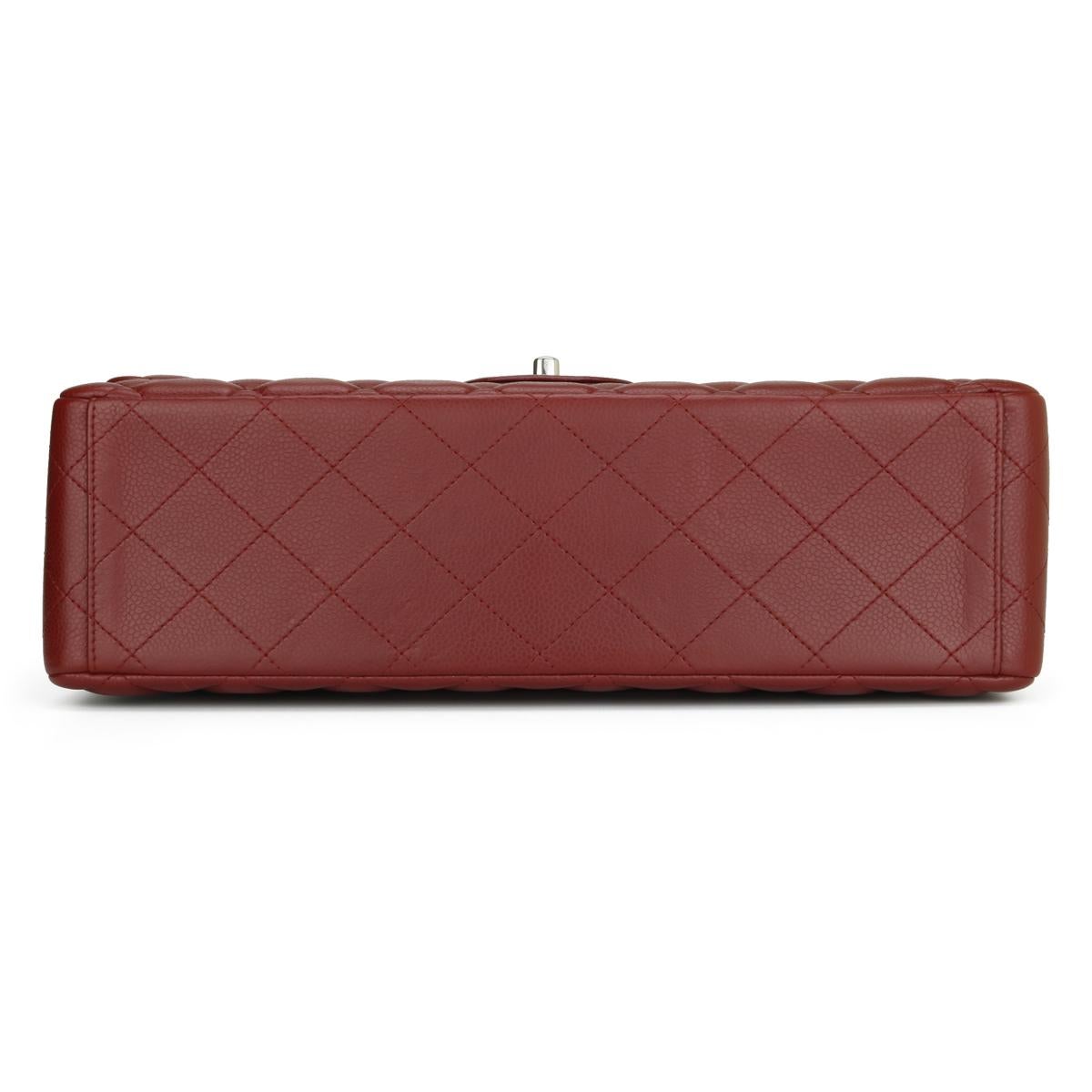 CHANEL Double Flap Maxi Bag Dark Red Burgundy Caviar with Silver Hardware 2011 In Excellent Condition In Huddersfield, GB