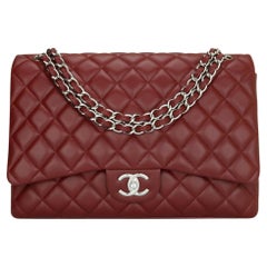 CHANEL Double Flap Maxi Bag Dark Red Burgundy Caviar with Silver Hardware 2011