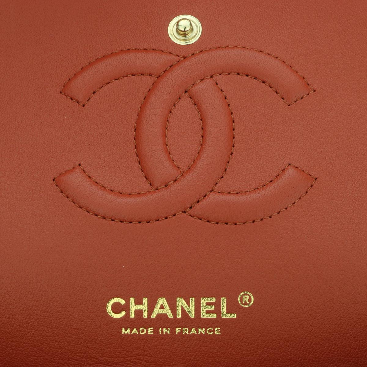 CHANEL Double Flap Medium Bag Brick Red Brown Lambskin Gold Hardware 2021 For Sale 13