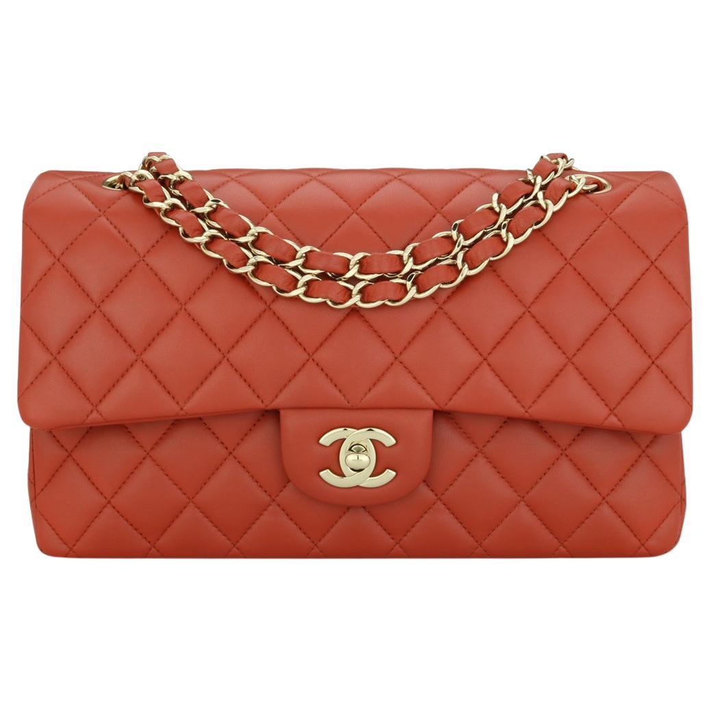 CHANEL Double Flap Medium Bag Brick Red Brown Lambskin Gold Hardware 2021 For Sale