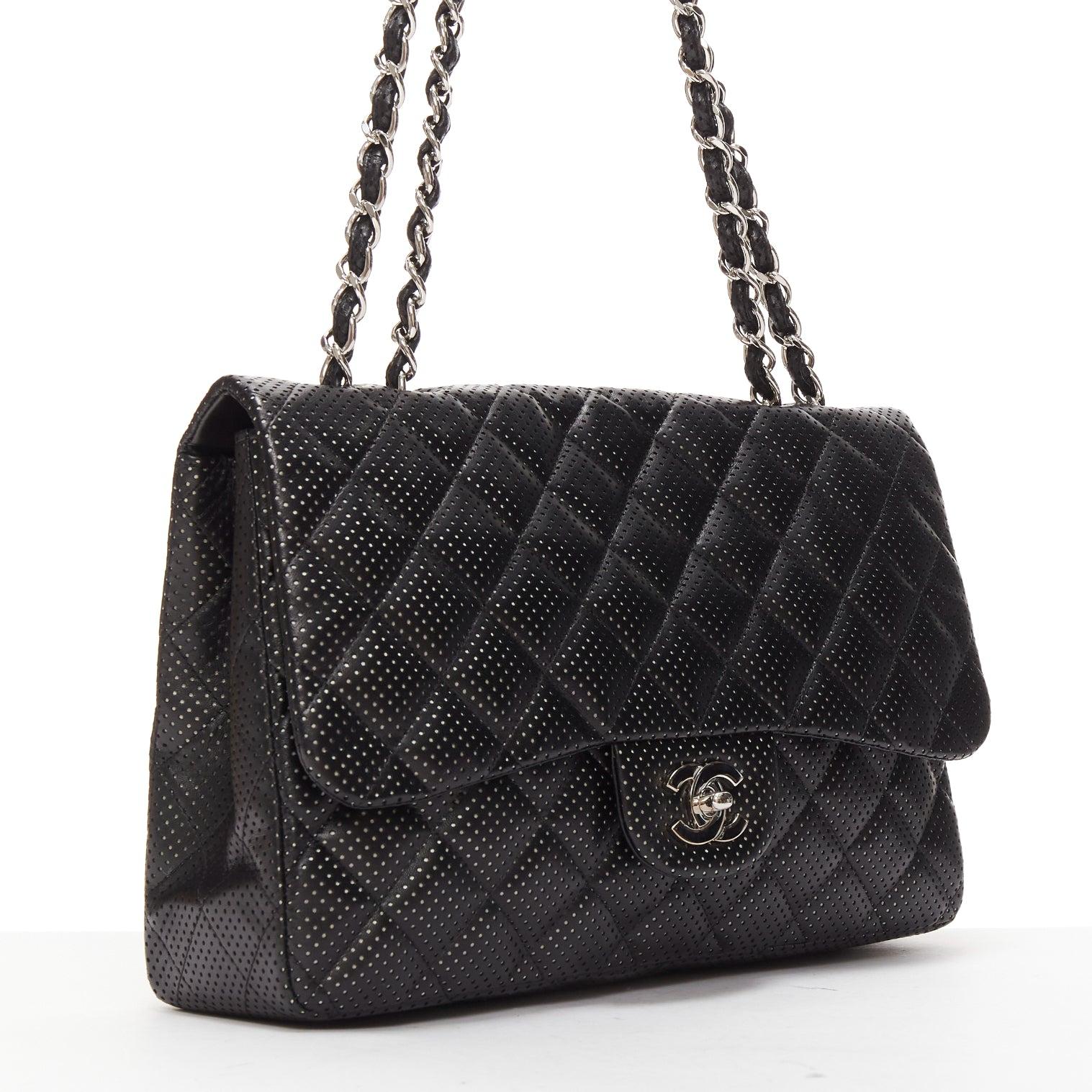 Black CHANEL Double Flap Medium perforated quilted lambskin silver CC logo chain bag