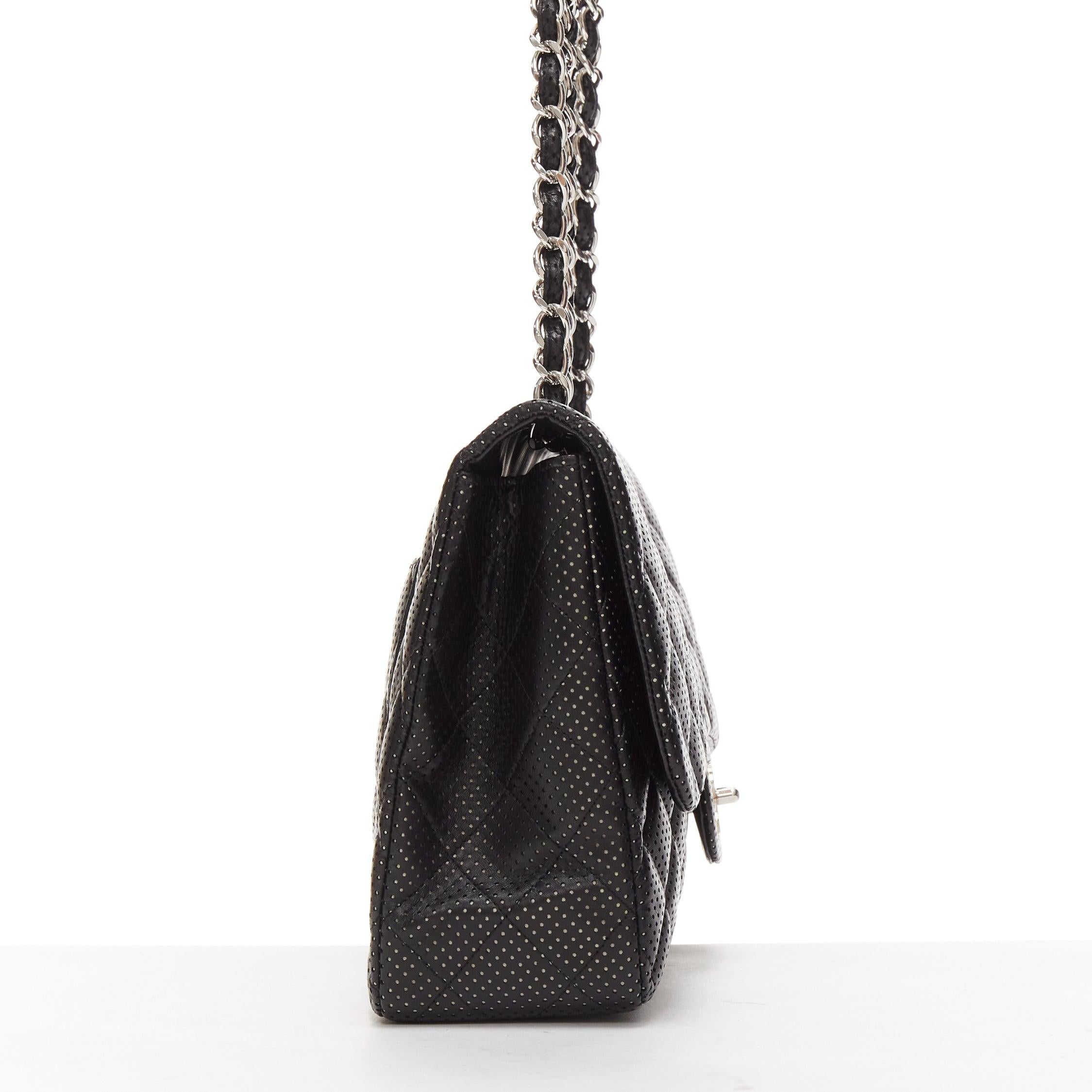 CHANEL Double Flap Medium perforated quilted lambskin silver CC logo chain bag In Good Condition In Hong Kong, NT