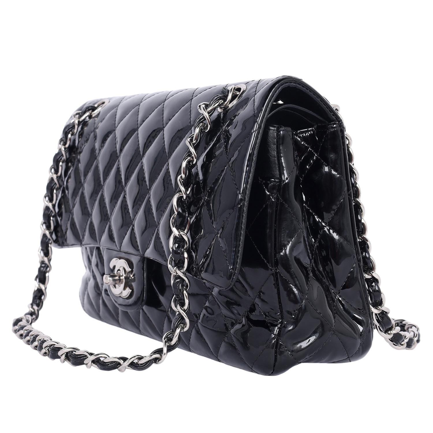 Chanel Double Flap Patent Leather Shoulder Bag Black In Good Condition For Sale In Salt Lake Cty, UT