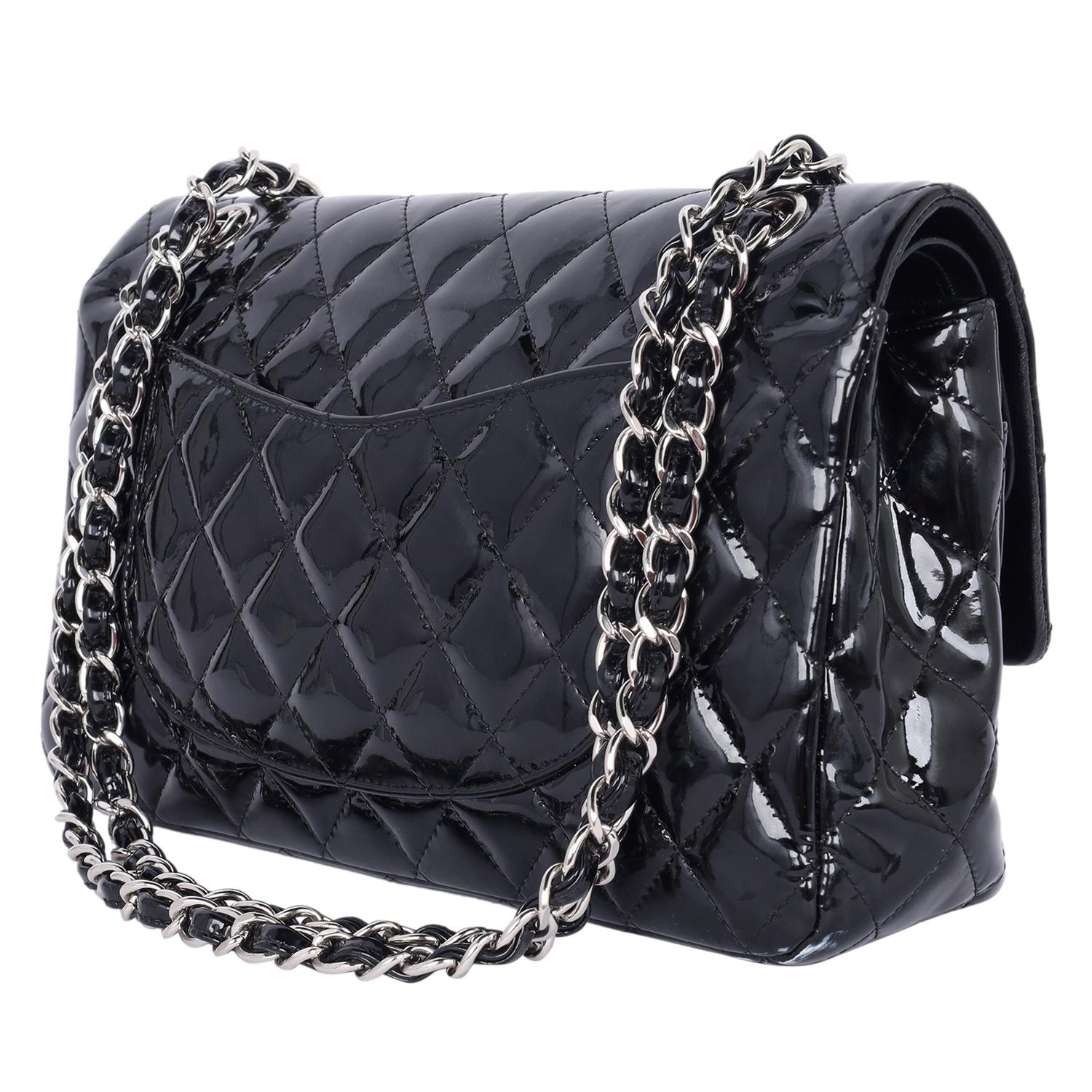Chanel Double Flap Patent Leather Shoulder Bag Black For Sale 2