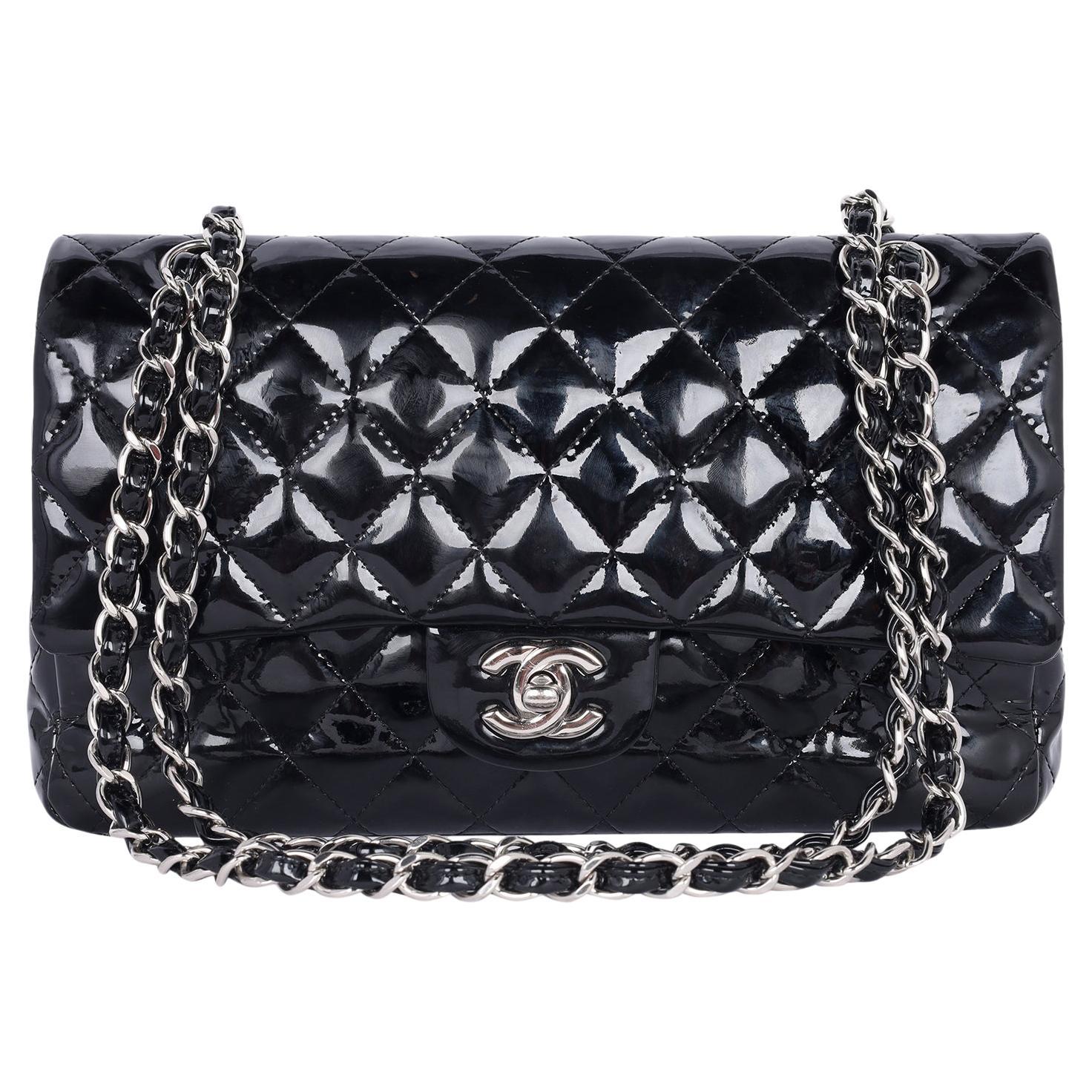 Chanel Double Flap Patent Leather Shoulder Bag Black For Sale