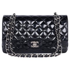 Used Chanel Double Flap Patent Leather Shoulder Bag Black
