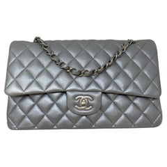 Chanel Double Flap Silver Metallic Leather Bag