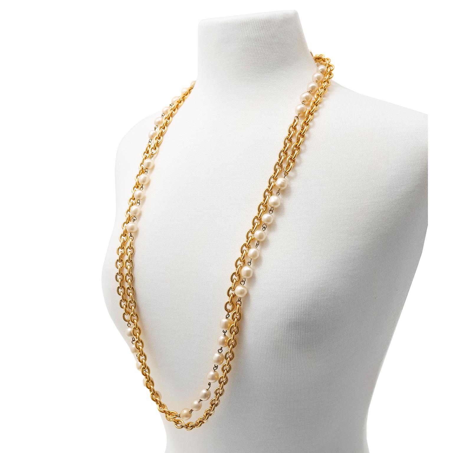vintage chanel gold tone pearl stations lariat style necklace