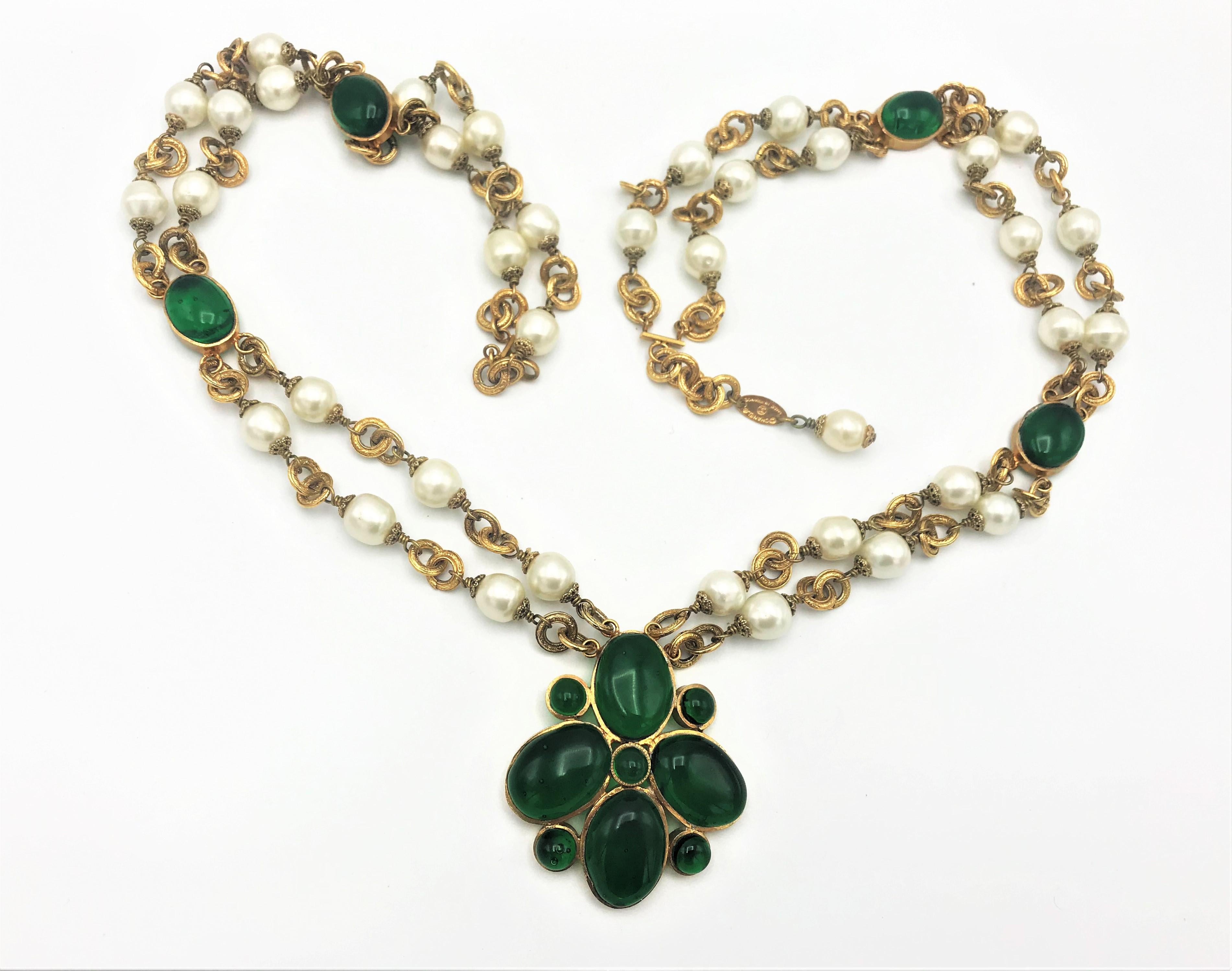 Uncut CHANEL double necklace  with green Gripoix glass flower pendant, pearls, 1991'   For Sale