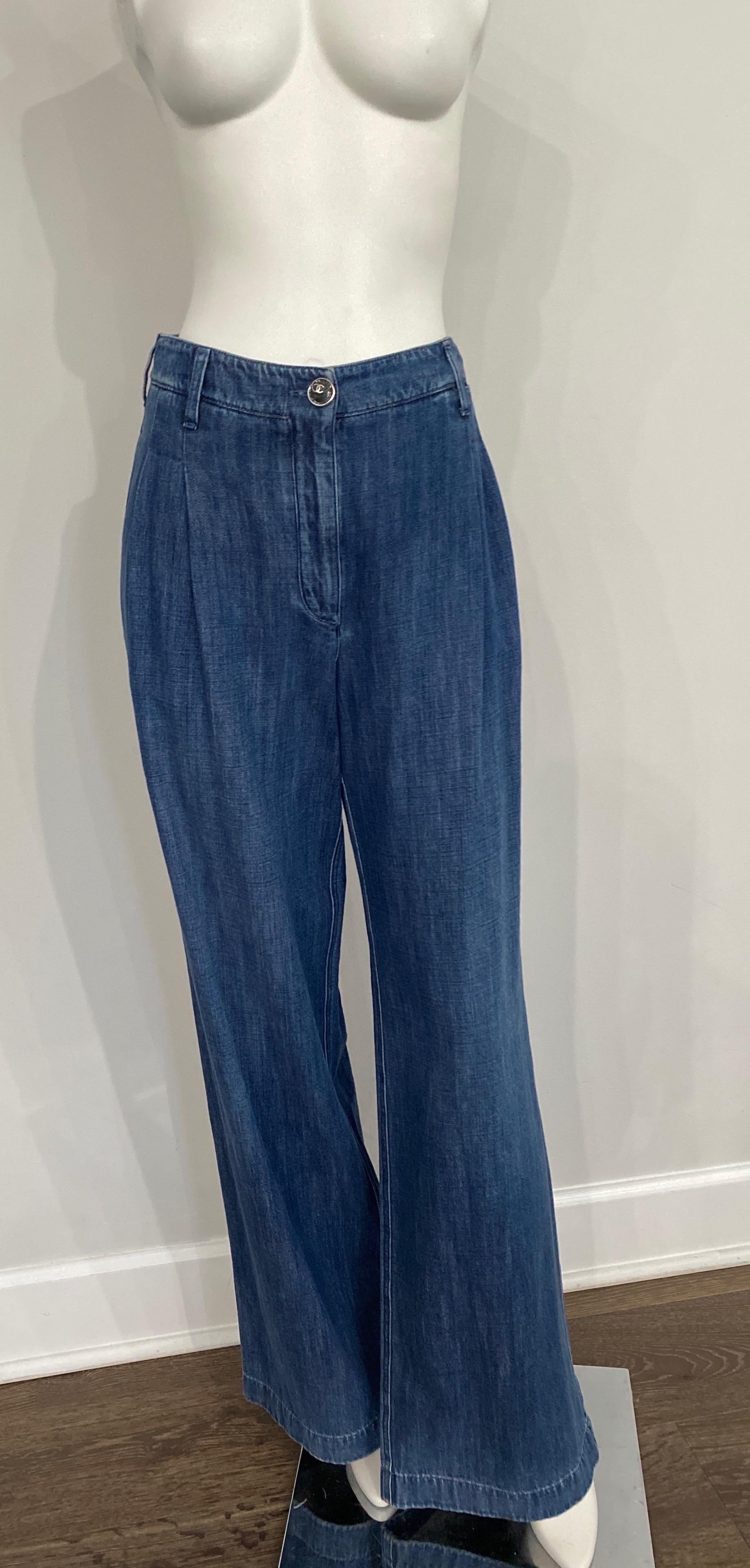 Chanel Double Pleated Flare Cotton Denim Pant-Size 42-2008P  NWT In New Condition In West Palm Beach, FL