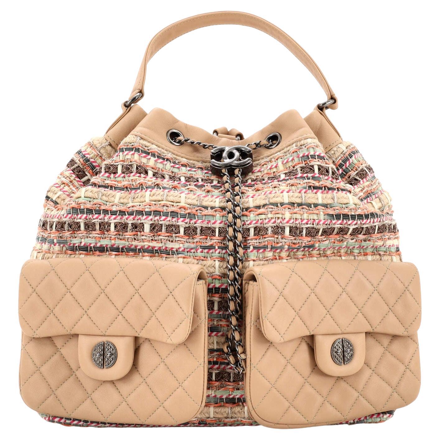 Chanel Double Pocket Drawstring Backpack Tweed with Quilted Lambskin Medium