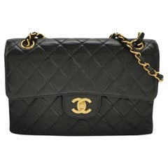 Chanel Double Sided Small Classic Flap Black Lambskin Leather 24k Gold Hardware