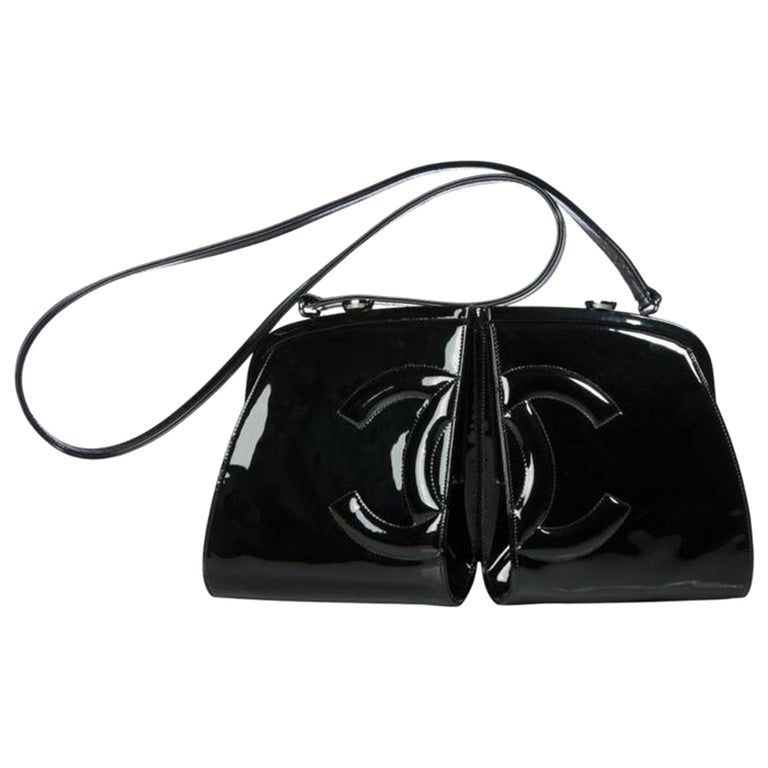 Chanel Double Split Frame Runway Black Patent Leather Cross Body Bag For  Sale at 1stDibs