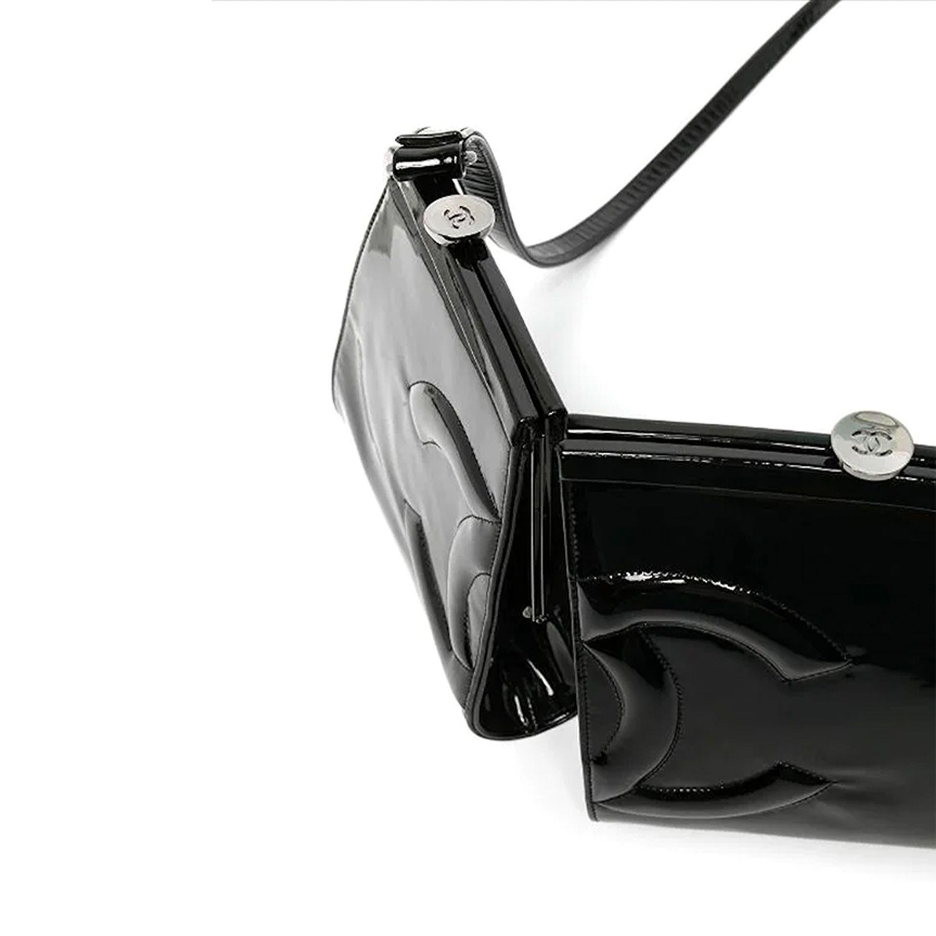 Chanel 2007 Double Twin Split Frame Runway Black Patent Leather Cross Body Bag For Sale 1