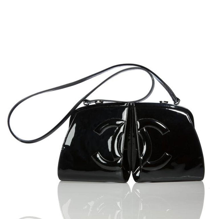 Chanel Double Split Frame Runway Black Patent Leather Cross Body Bag For  Sale at 1stDibs