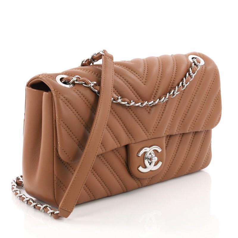 Brown Chanel Double Stitch Flap Bag Chevron Lambskin Medium