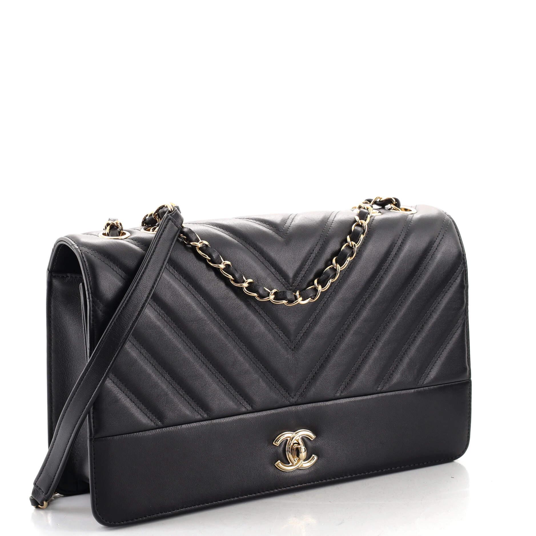Black Chanel Double Stitch Full Flap Bag Chevron Lambskin Large