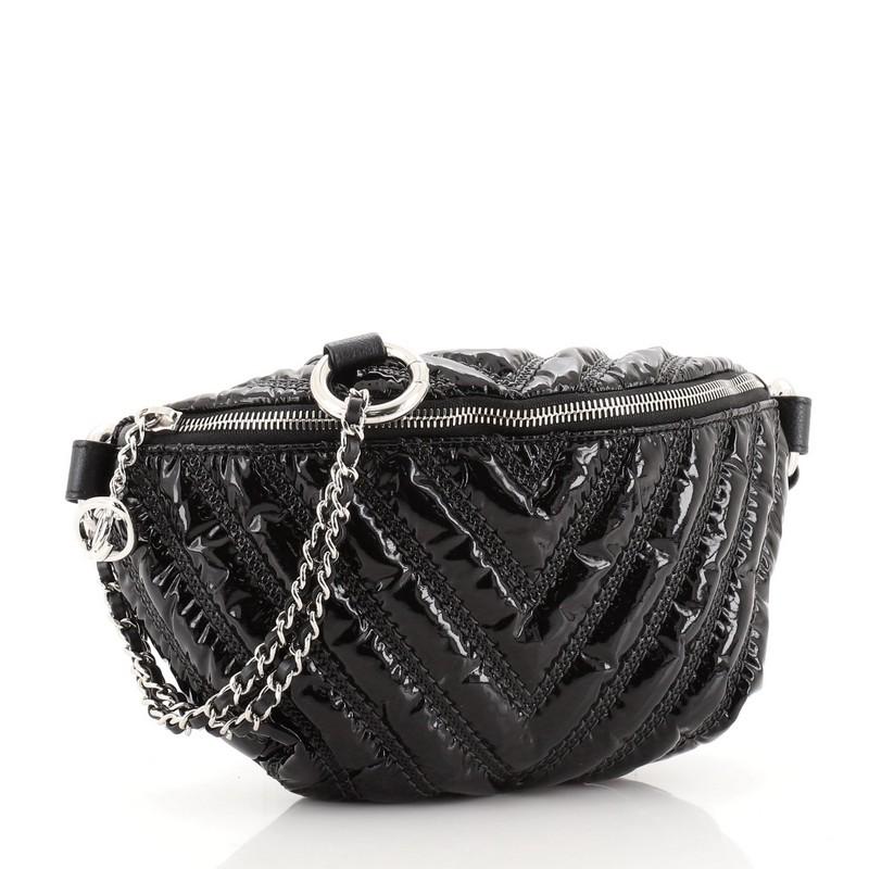 Black Chanel Double Stitch Zip Waist Bag Chevron Patent