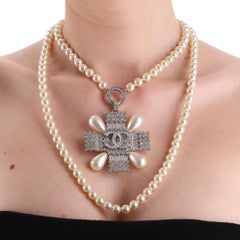Chanel Double-Strand Pearl Necklace With Crystal Embellished Maltese Cross
