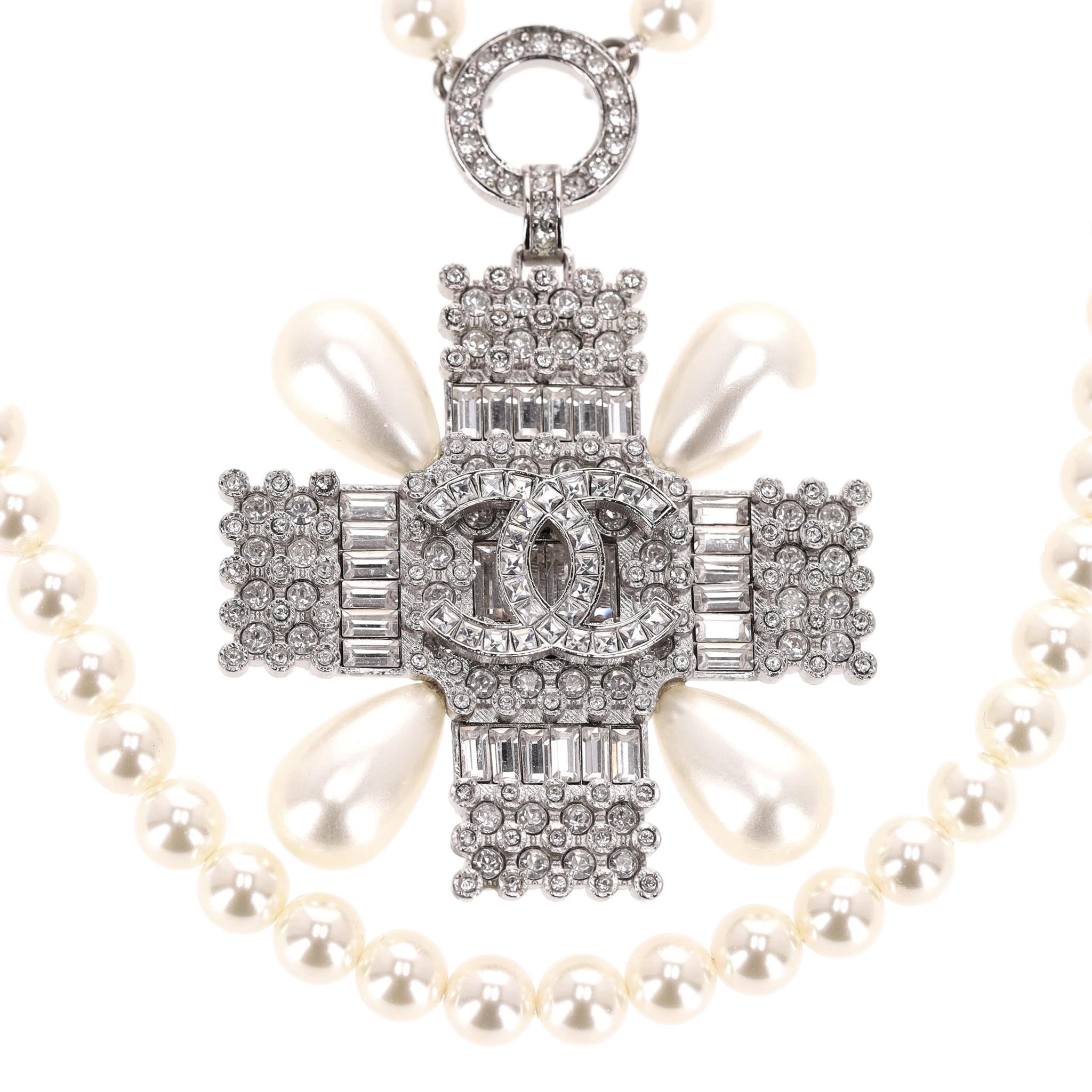 Mixed Cut Chanel Double-Strand Pearl Necklace With Crystal Embellished Maltese Cross For Sale