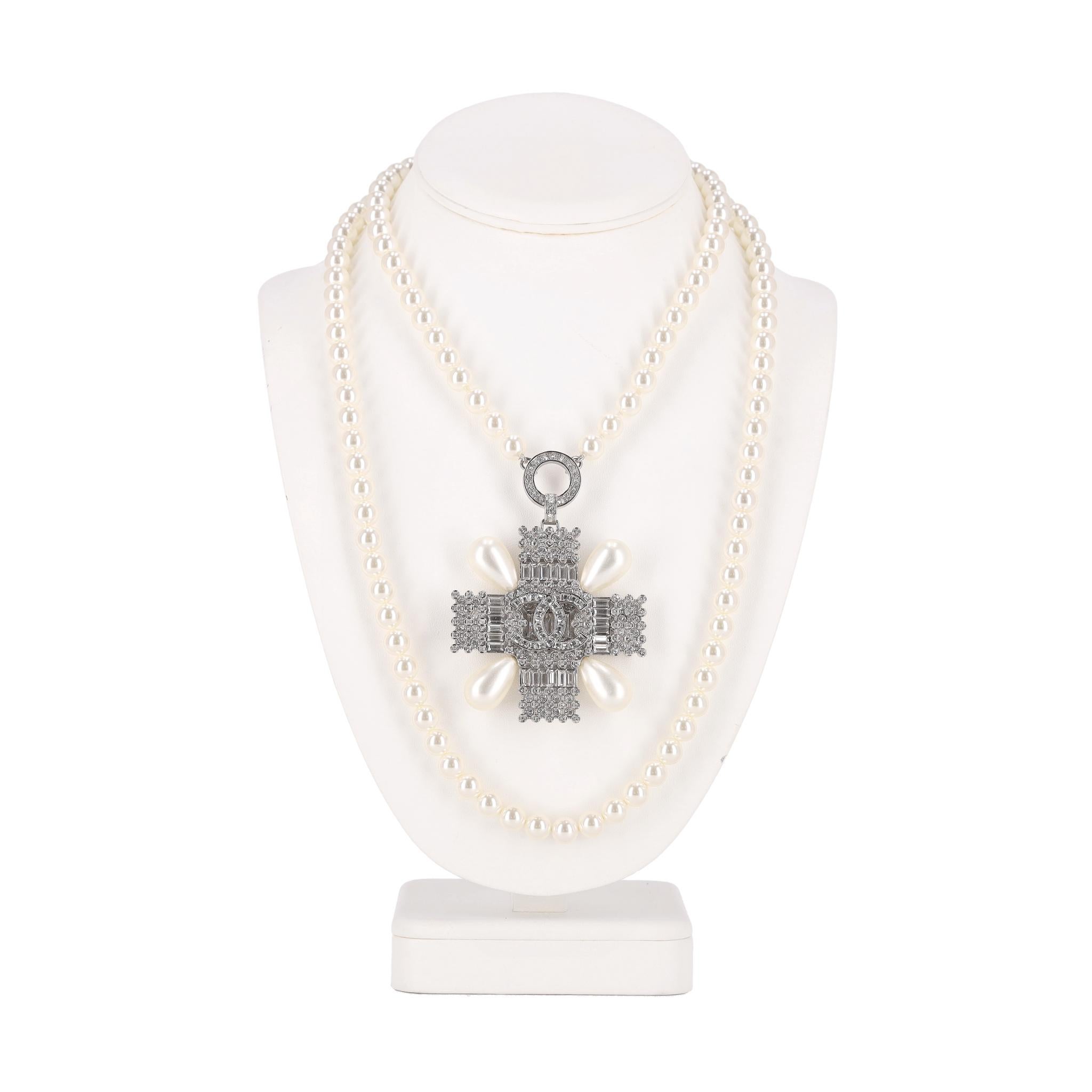 Chanel Double-Strand Pearl Necklace With Crystal Embellished Maltese Cross In Excellent Condition For Sale In London, GB