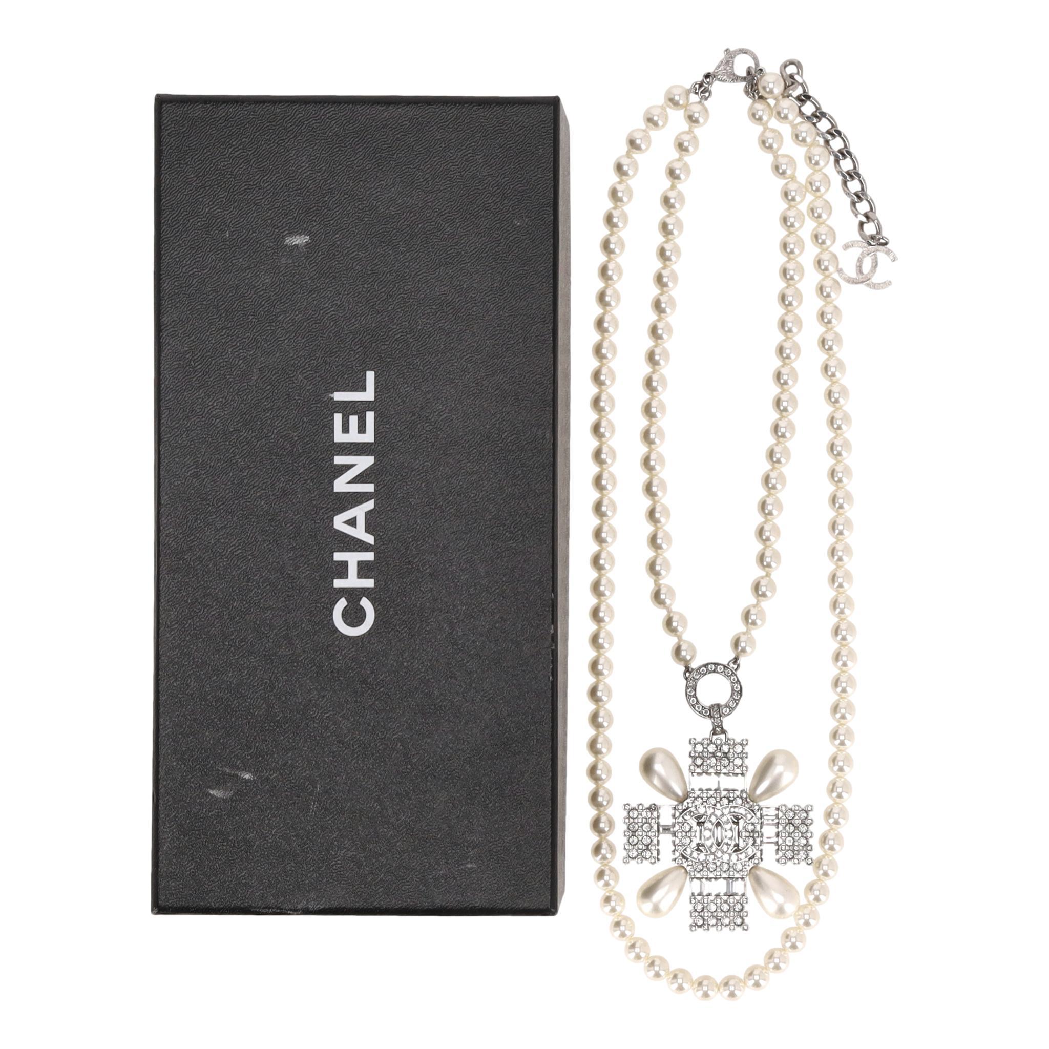 Women's Chanel Double-Strand Pearl Necklace With Crystal Embellished Maltese Cross For Sale